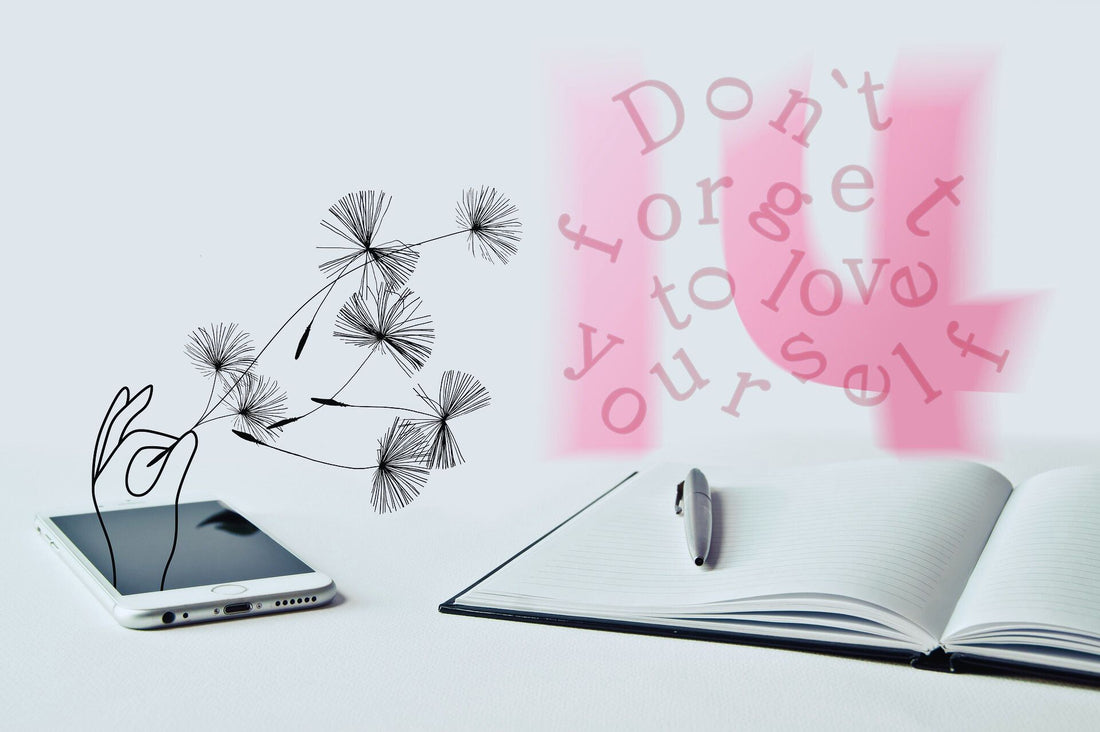Image of book and flowers and don't forget to love yourself words