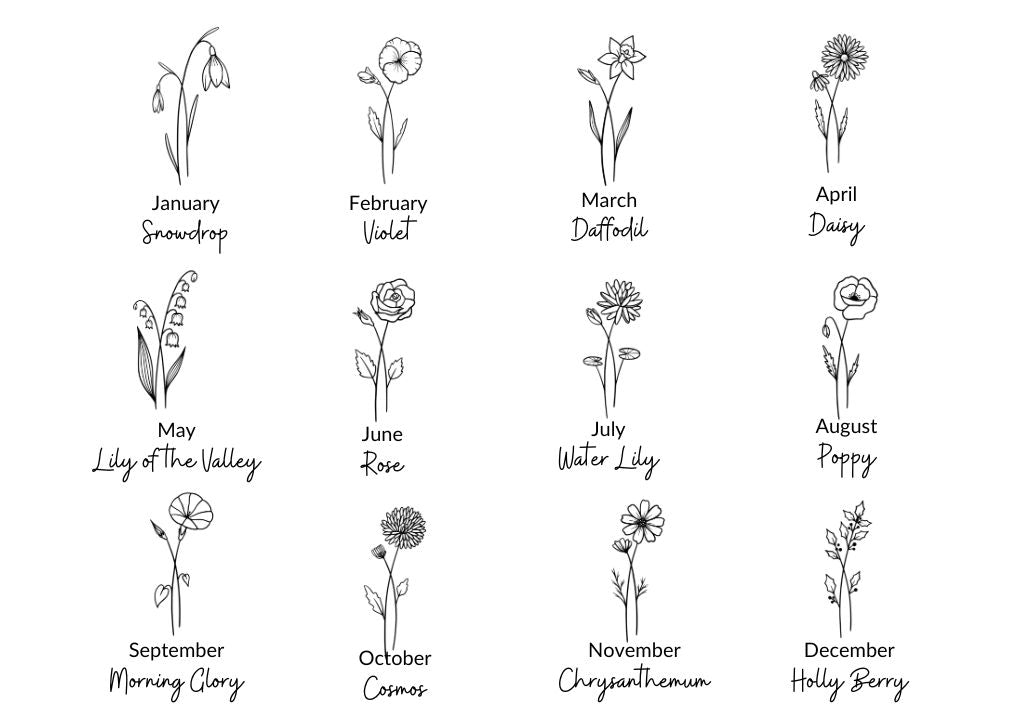 image of birth flowers that can be stamped on the simpli stamped birth flower necklace