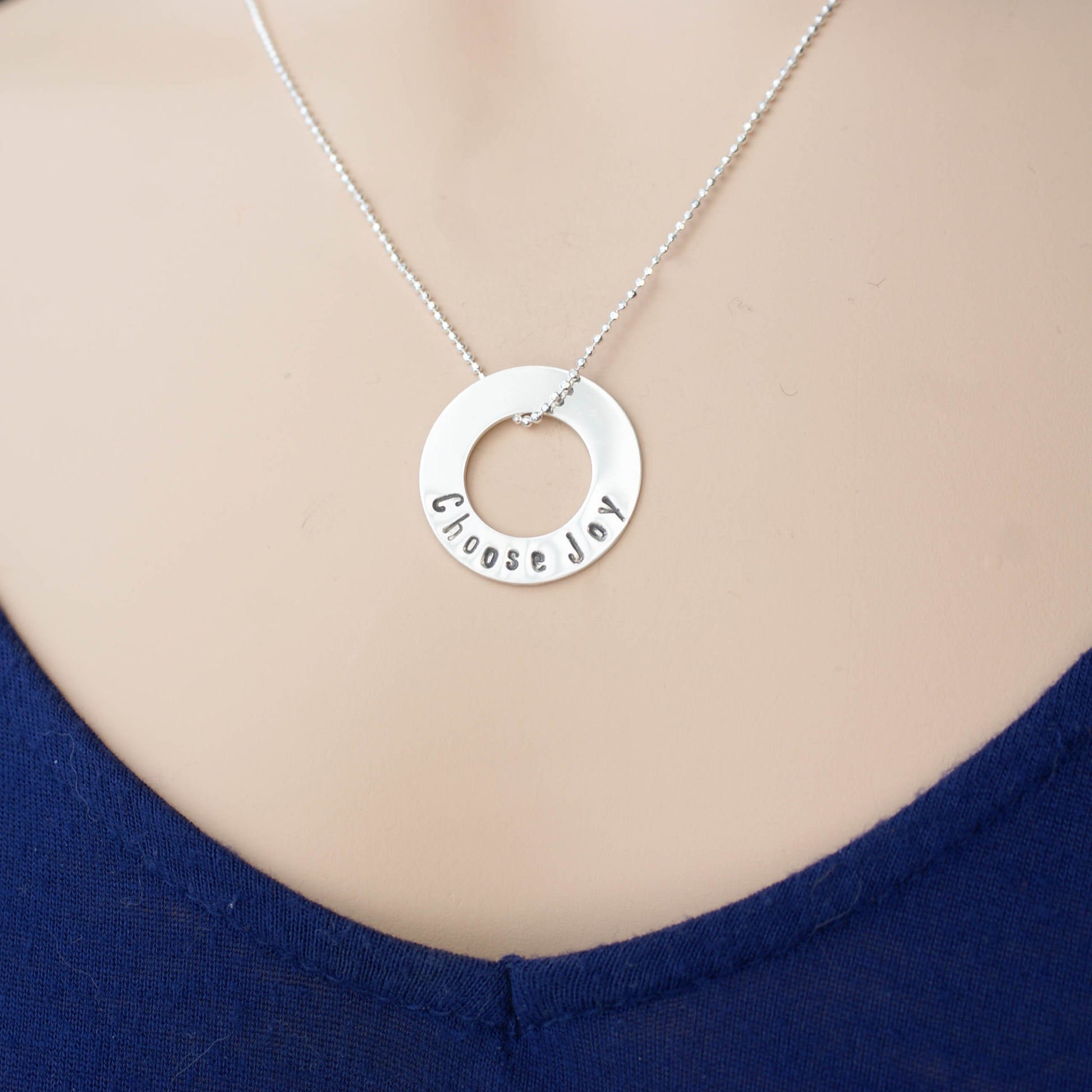 Choose Joy Circle Necklace in Sterling Silver on neck