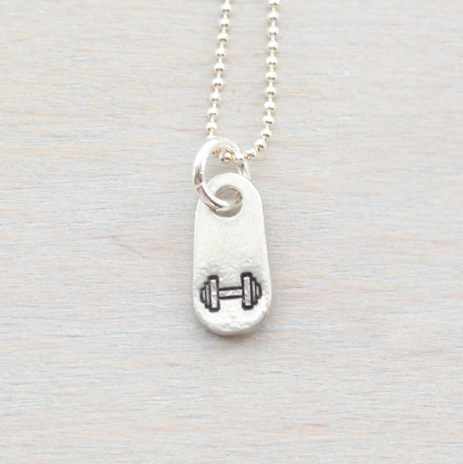 Silver dumbbell weightlifting necklace in artisan pewter