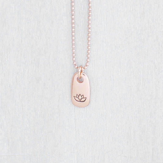 Image of Rose gold small tag necklace stamped with lotus flower