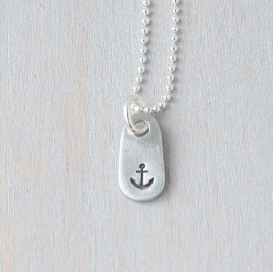 Dainty Handstamped Anchor Necklace in Pewter