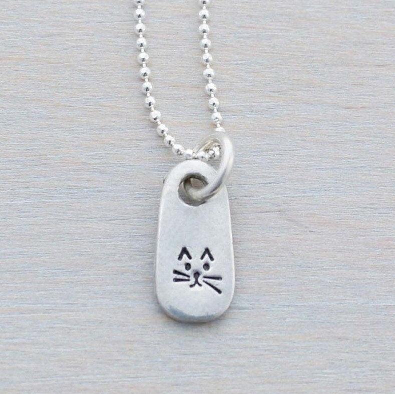 Petite Silver Necklace in Artisan Pewter with handstamped kitty face