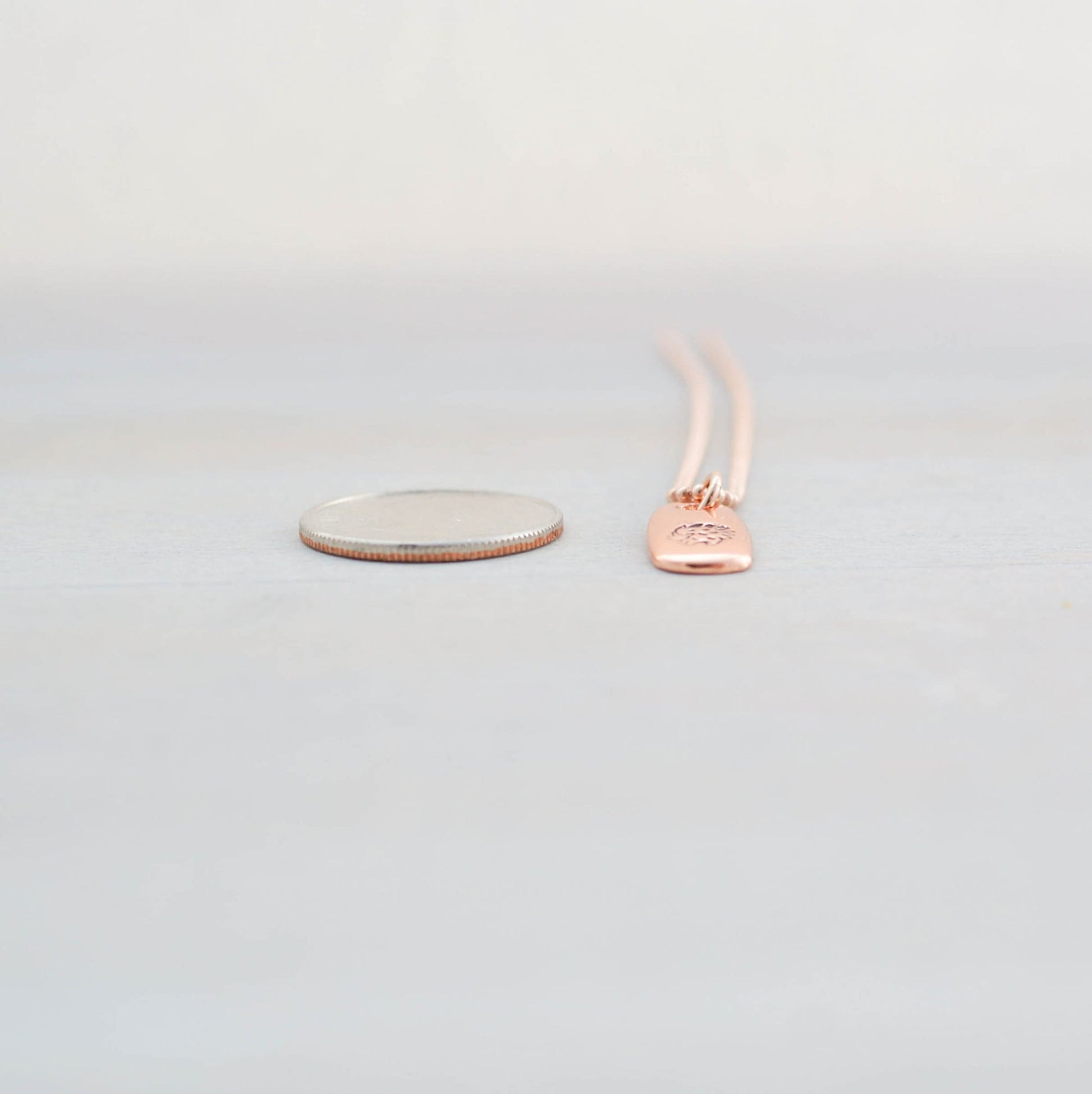 Rose gold hedgehog necklace next to dime