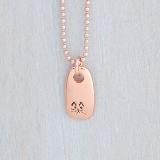 Petite Rose Gold Necklace handstamped with a kitty face
