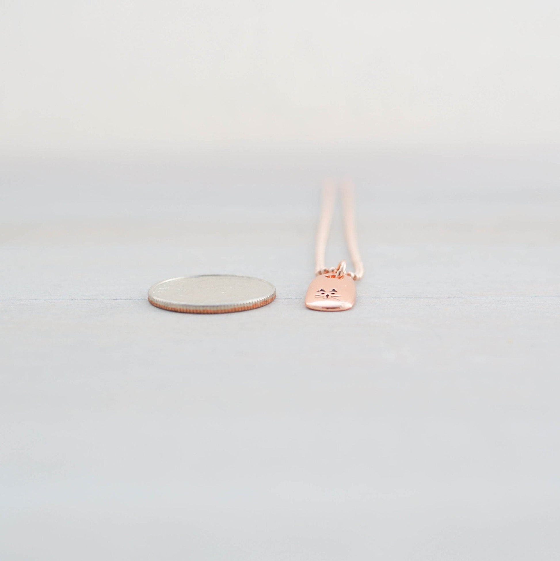 Petite Rose Gold Necklace handstamped with a kitty face next to dime