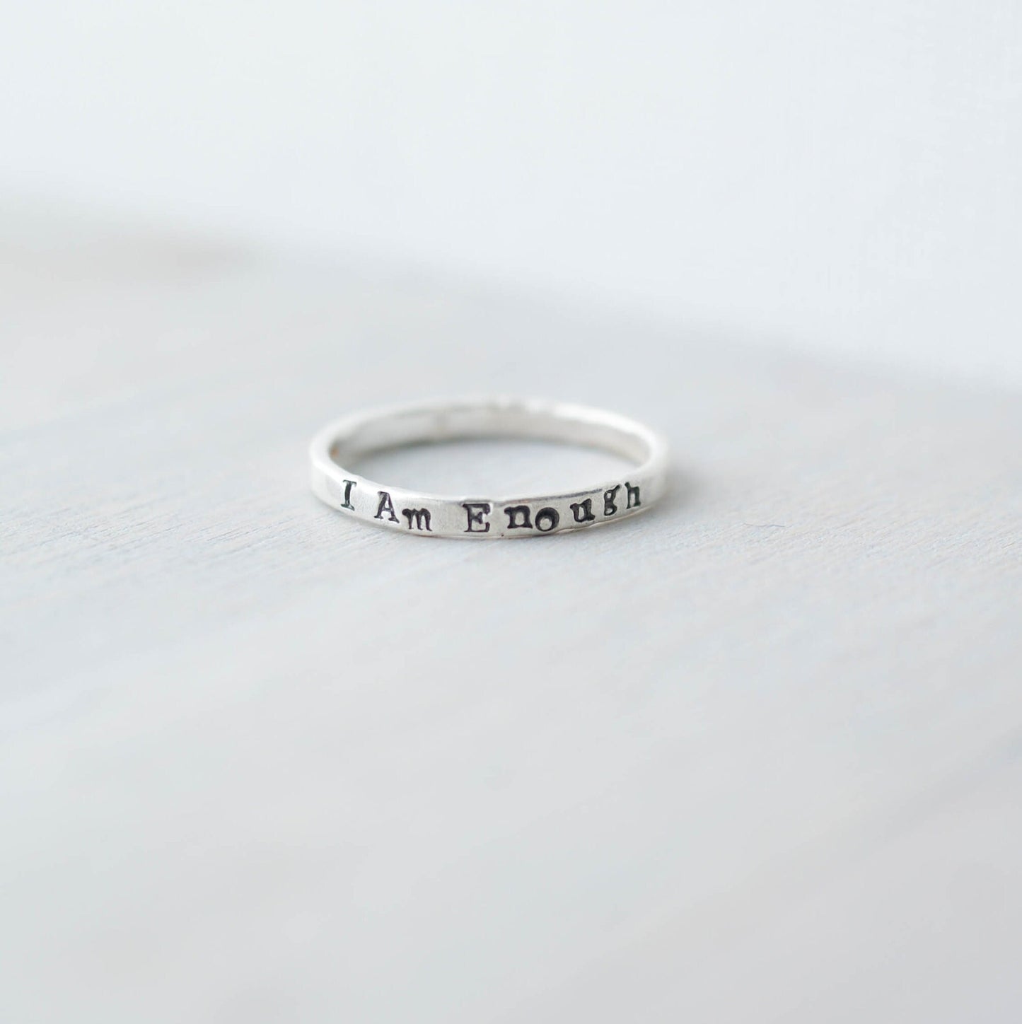 Sterling Silver stacking ring handstmaped with I Am Enough