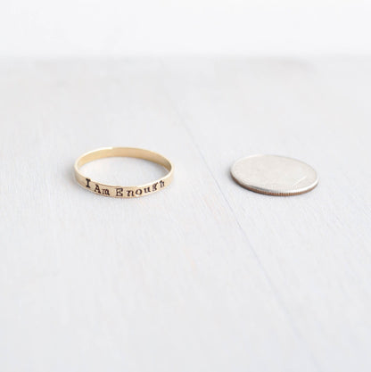I am Enough ring handstamped in gold-filled next to dime