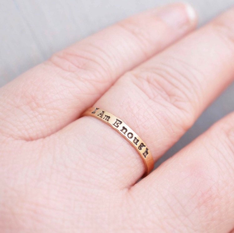 I am Enough ring handstamped in gold-filled on hand