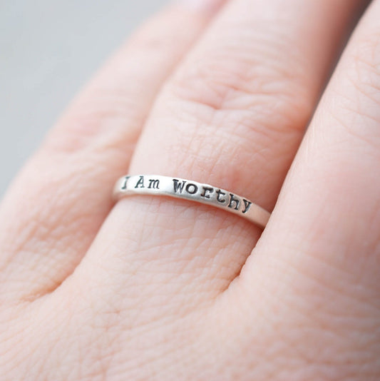 Sterling Silver Ring handstamped with I Am Worthy on hand