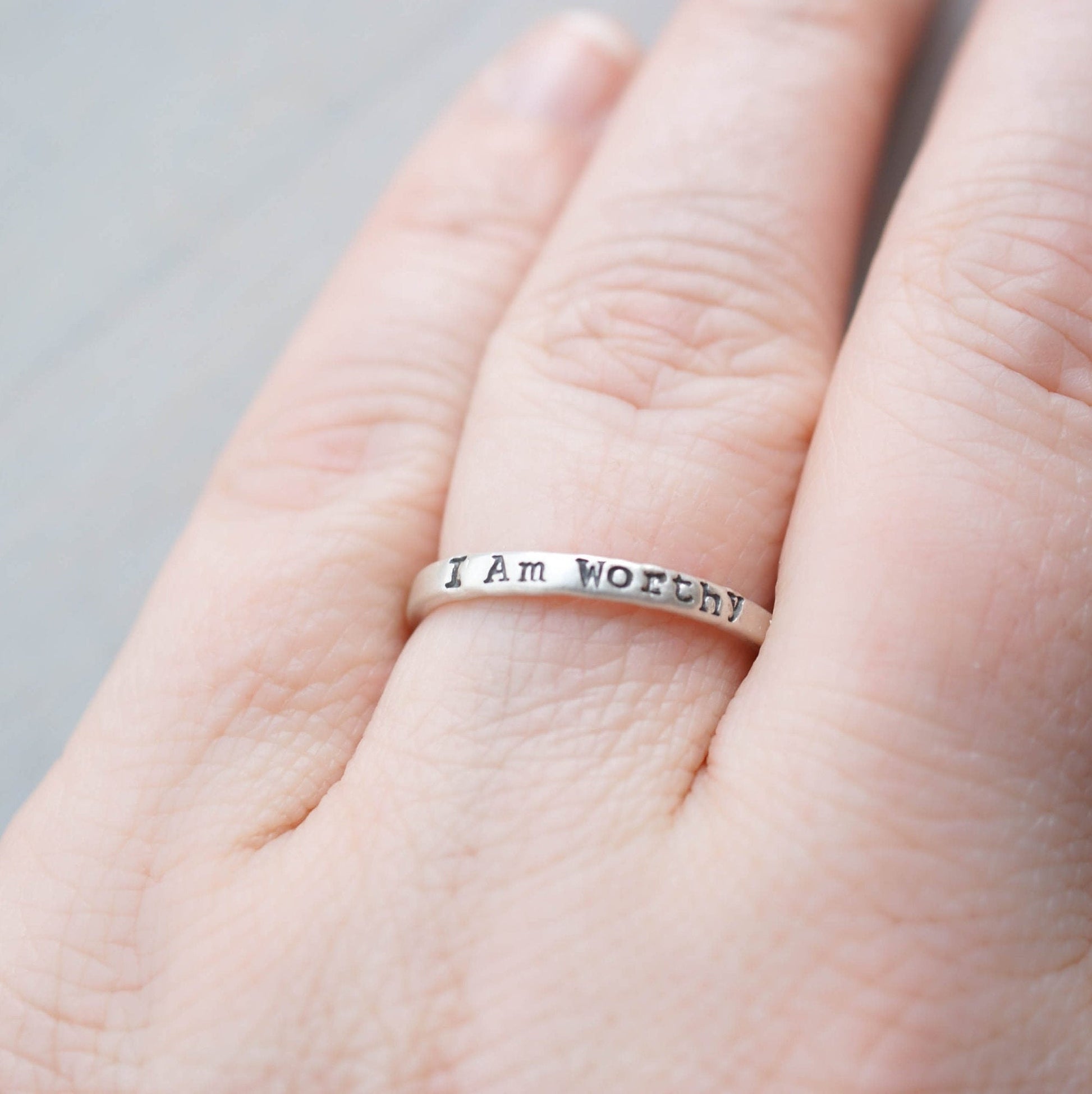 Sterling Silver Ring handstamped with I Am Worthy on hand