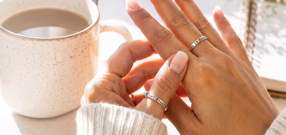 Woman wearing a Do It Scared ring  and just breathe ring while preparing for a new beginning