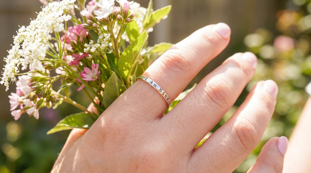 hand wearing sterling silver I Am Mine ring on index finger while holding wildflowers