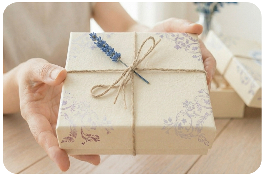 Gift box with floral wrapping and string held by hands on a wooden surface