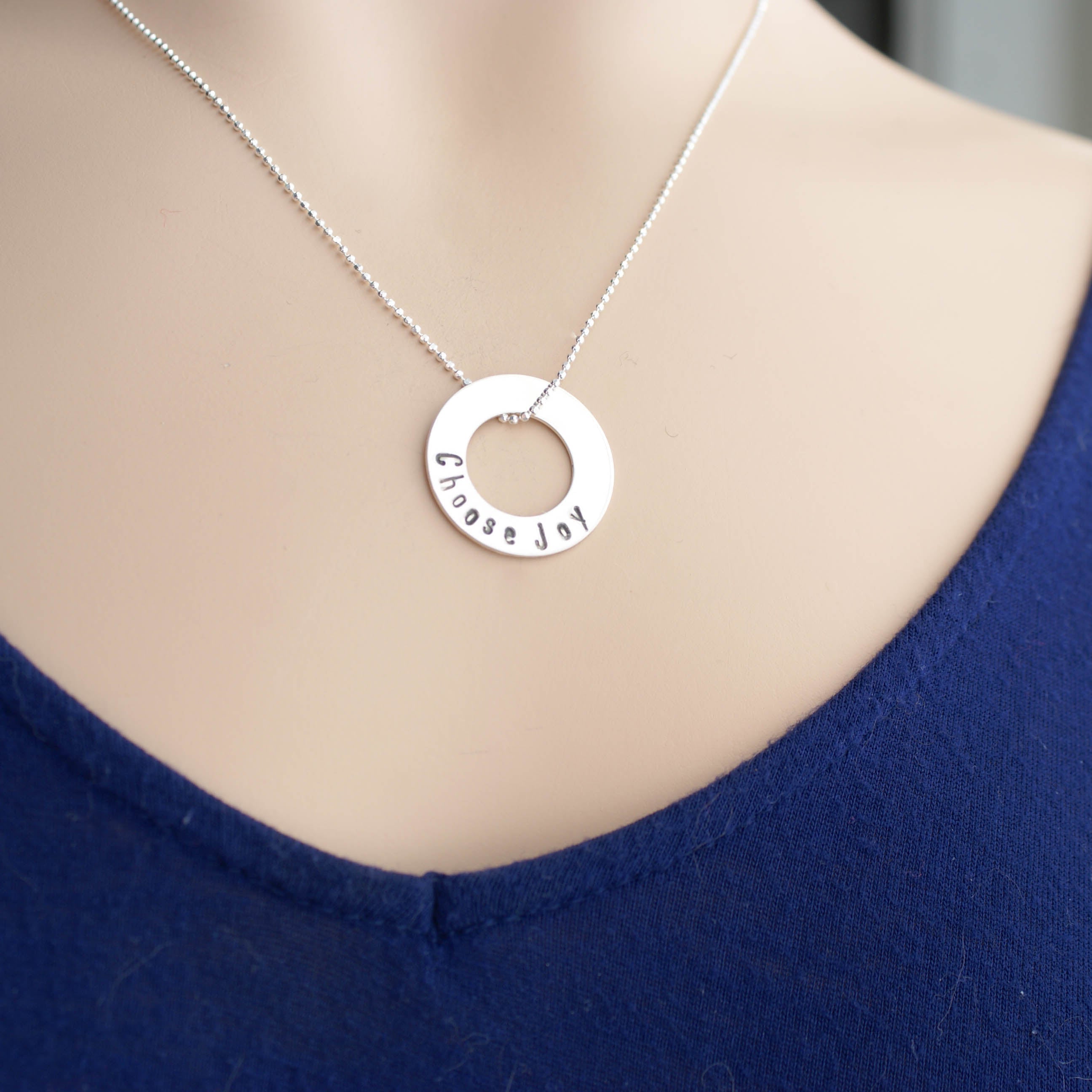 Choose Joy Circle Necklace in Sterling Silver on neck