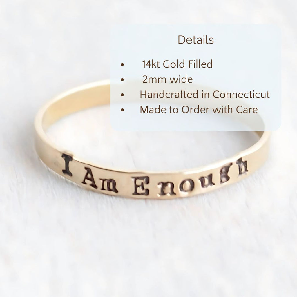 Image of Custom Word of the Year ring with the product details overlayed. 14Kt Gold Filled, 2mm wide, handcrafted in connecticut, made to order with care.