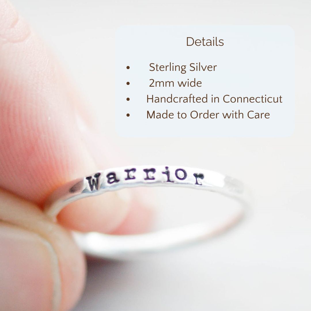 Image of Warrior ring on a hand with the product details overlayed. Sterling silver, 2mm wide, handcrafted in connecticut, made to order with care.