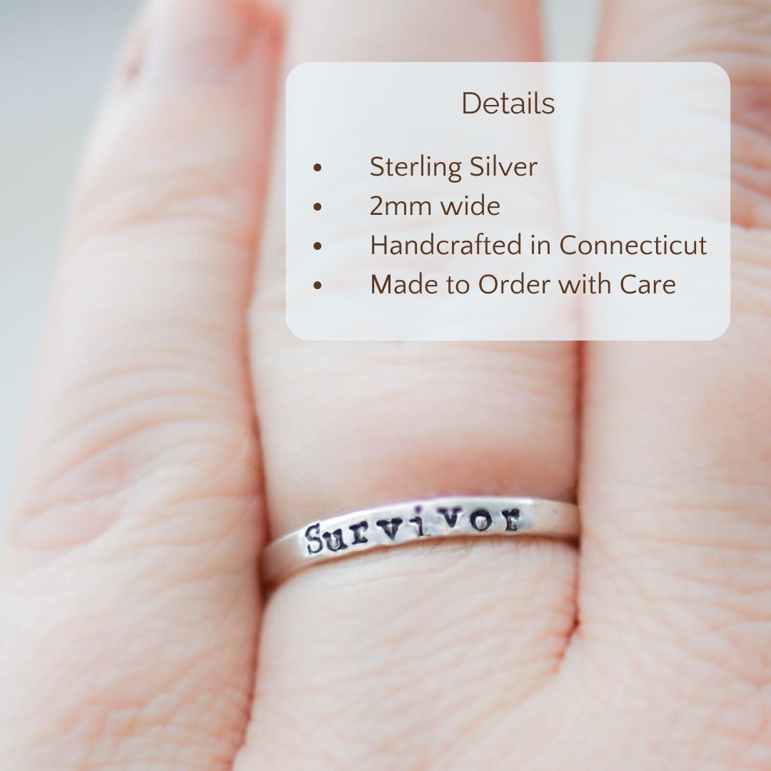 Image of Survivor ring on a hand with the product details overlayed. Sterling silver, 2mm wide, handcrafted in connecticut, made to order with care.