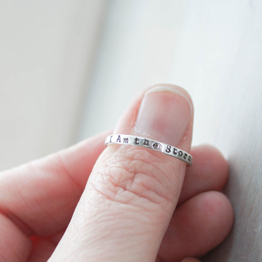 Image of I am the storm skinny ring on thumb