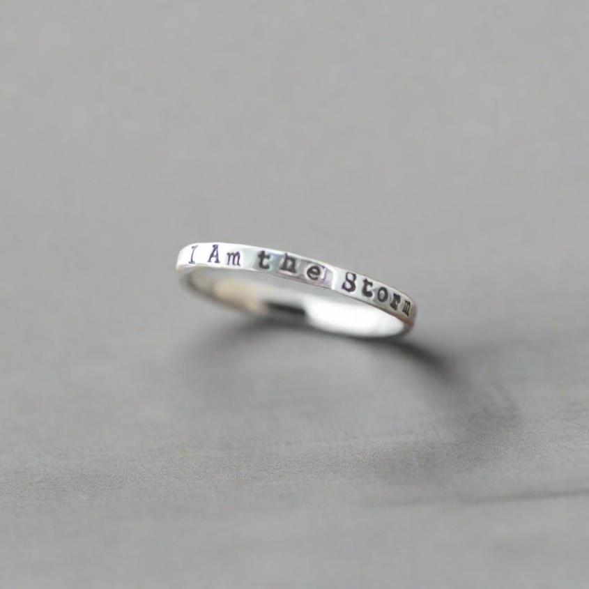 Image of I am the storm skinny ring on thumb