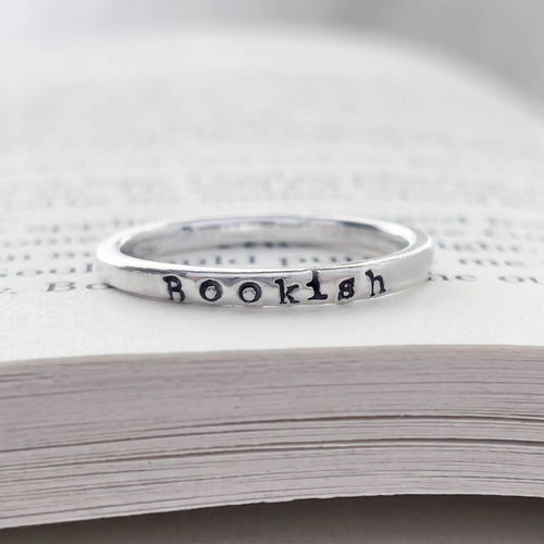 sterling silver ring inscribed with Bookish on a book