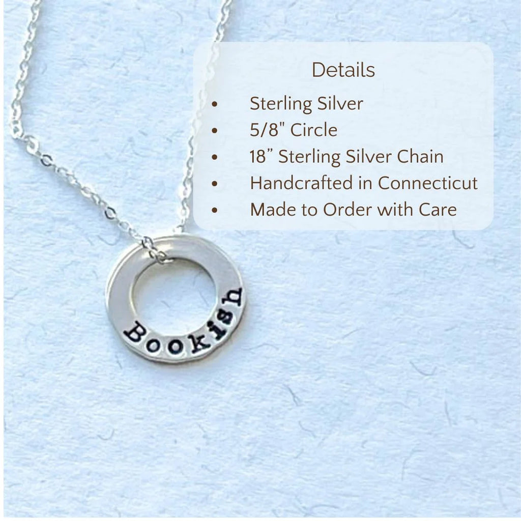 sterling silver neckalce stamped with Bookish on white background