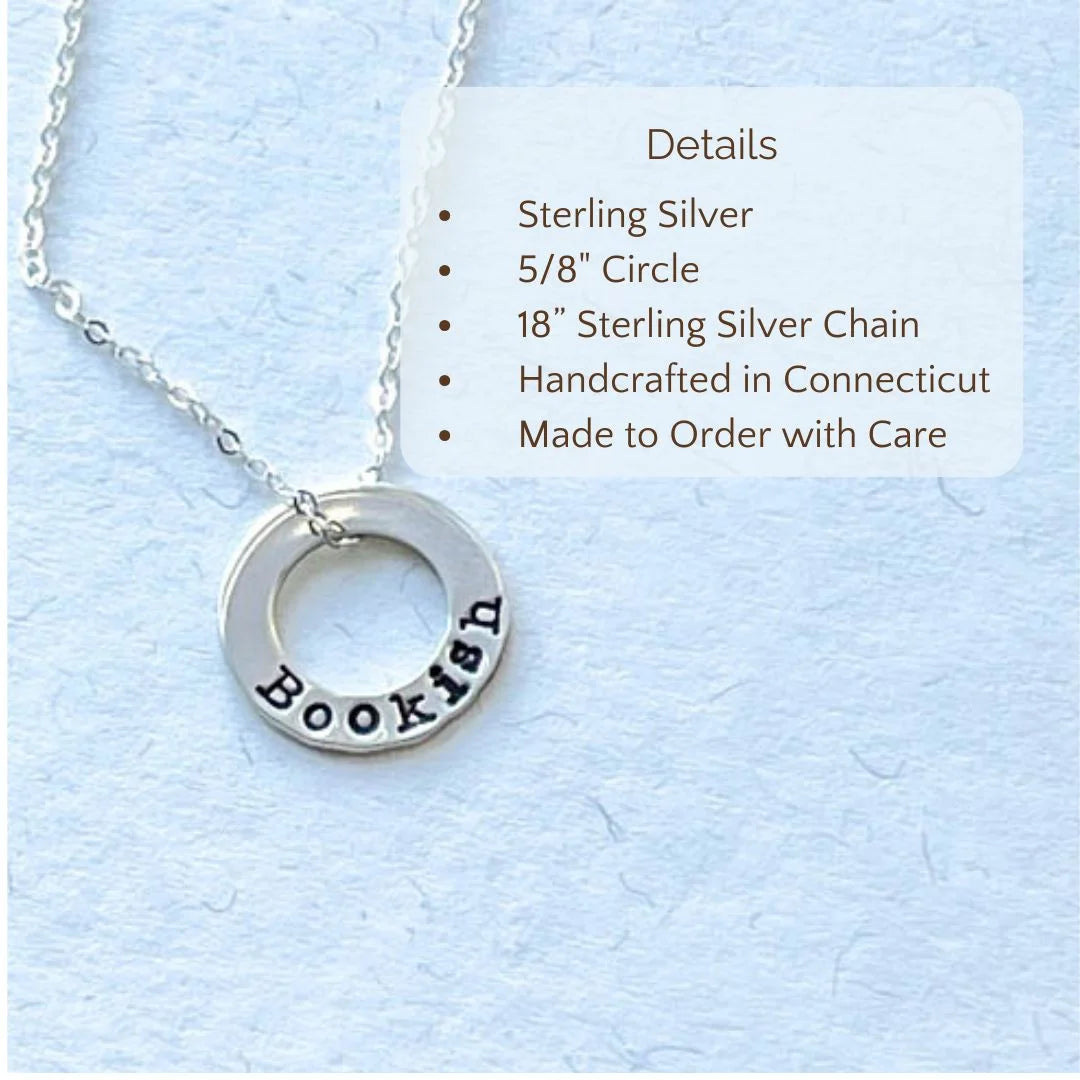 sterling silver neckalce stamped with Bookish on white background