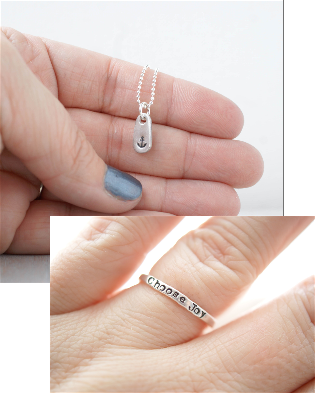 Small silver necklace and ring held between fingers on a neutral background