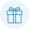 A simple blue line icon of a gift box with a bow inside a pale blue circle, used as a generic present placeholder rather than showing an actual product.