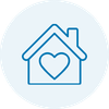 A minimalist blue line icon of a house with a heart inside, centered on a light gray background with a soft blue circular halo.
