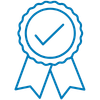 A blue and white ribbon badge icon with a checkmark, commonly used as a quality or certification symbol.