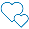 A simple graphic icon showing two outlined hearts in blue on a white background.