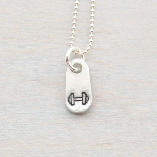 Silver dumbbell weightlifting necklace in artisan pewter
