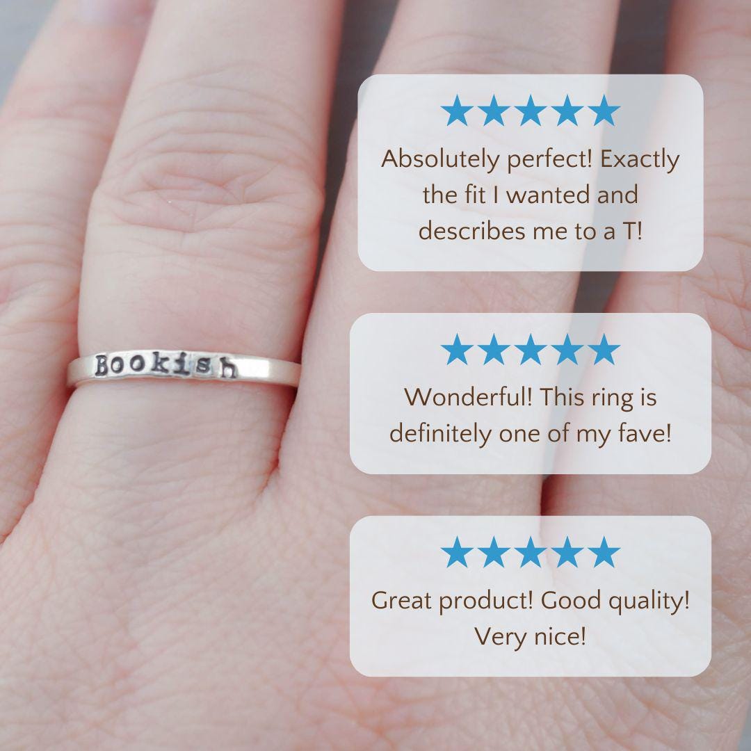Image of Sterling Silver Ring stamped with Bookish on a hand with 5 star reviews.