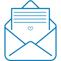A blue line icon of an open envelope with a document and a small heart, on a white background.