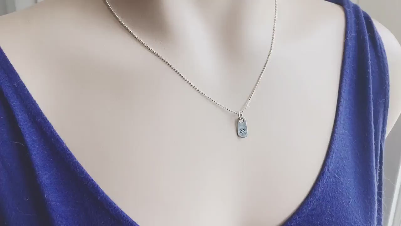 Petite Silver Necklace in Artisan Pewter with handstamped kitty face on neck and being held