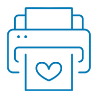 A blue line icon of a printer with a heart-shaped print sample on the paper output tray, shown on a white background.
