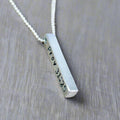 Long silver bar necklace in Artisan Pewter handstamped with Prov 31:25