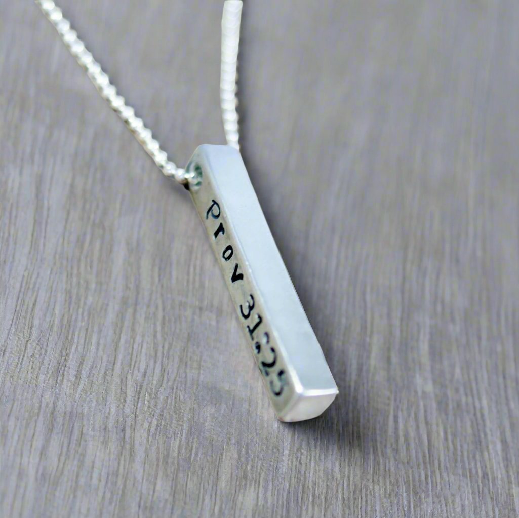 Long silver bar necklace in Artisan Pewter handstamped with Prov 31:25