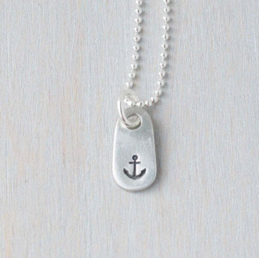 Dainty Handstamped Anchor Necklace in Pewter