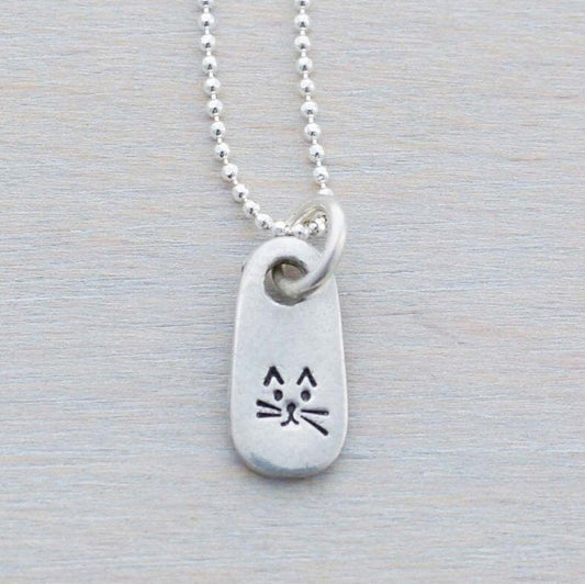 Petite Silver Necklace in Artisan Pewter with handstamped kitty face