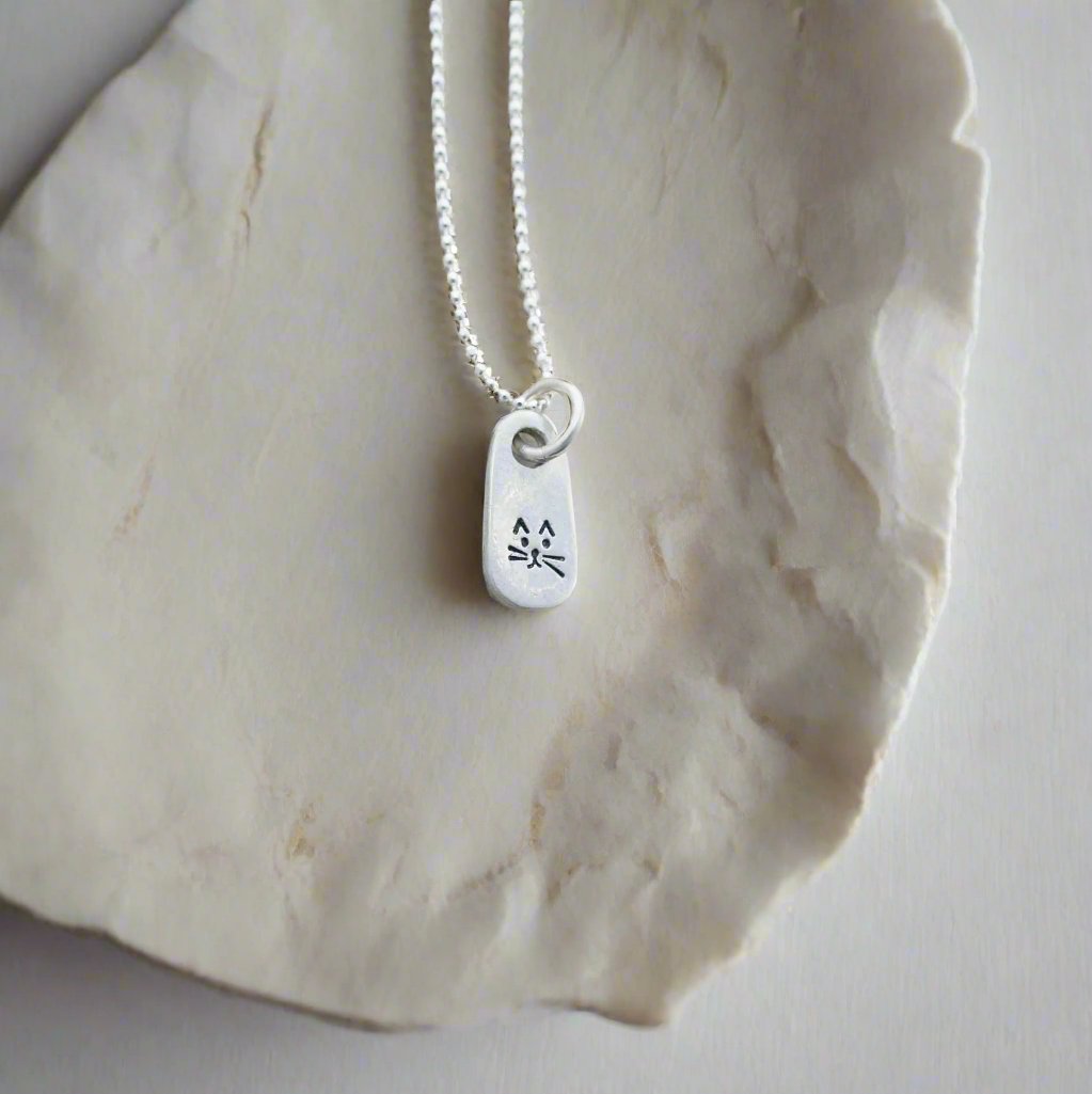 Petite Silver Necklace in Artisan Pewter with handstamped kitty face