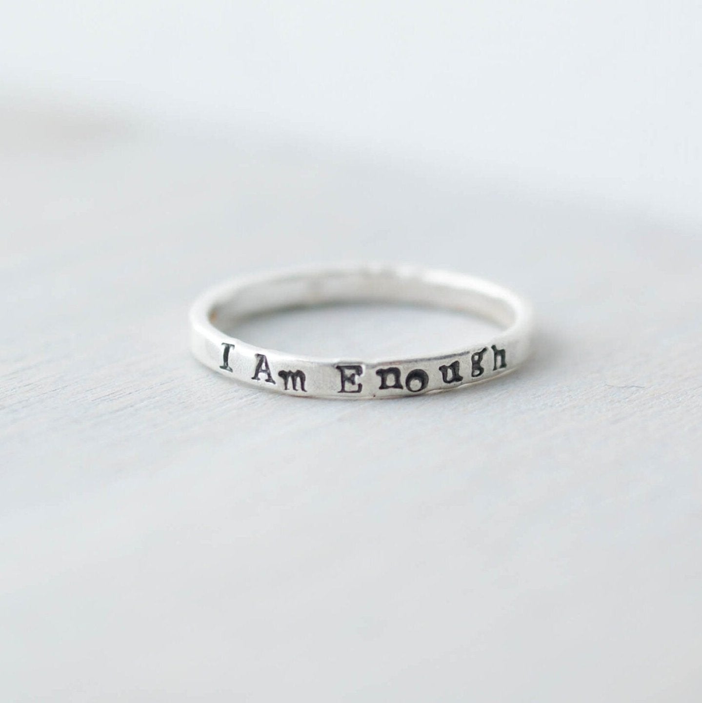 Sterling Silver stacking ring handstmaped with I Am Enough