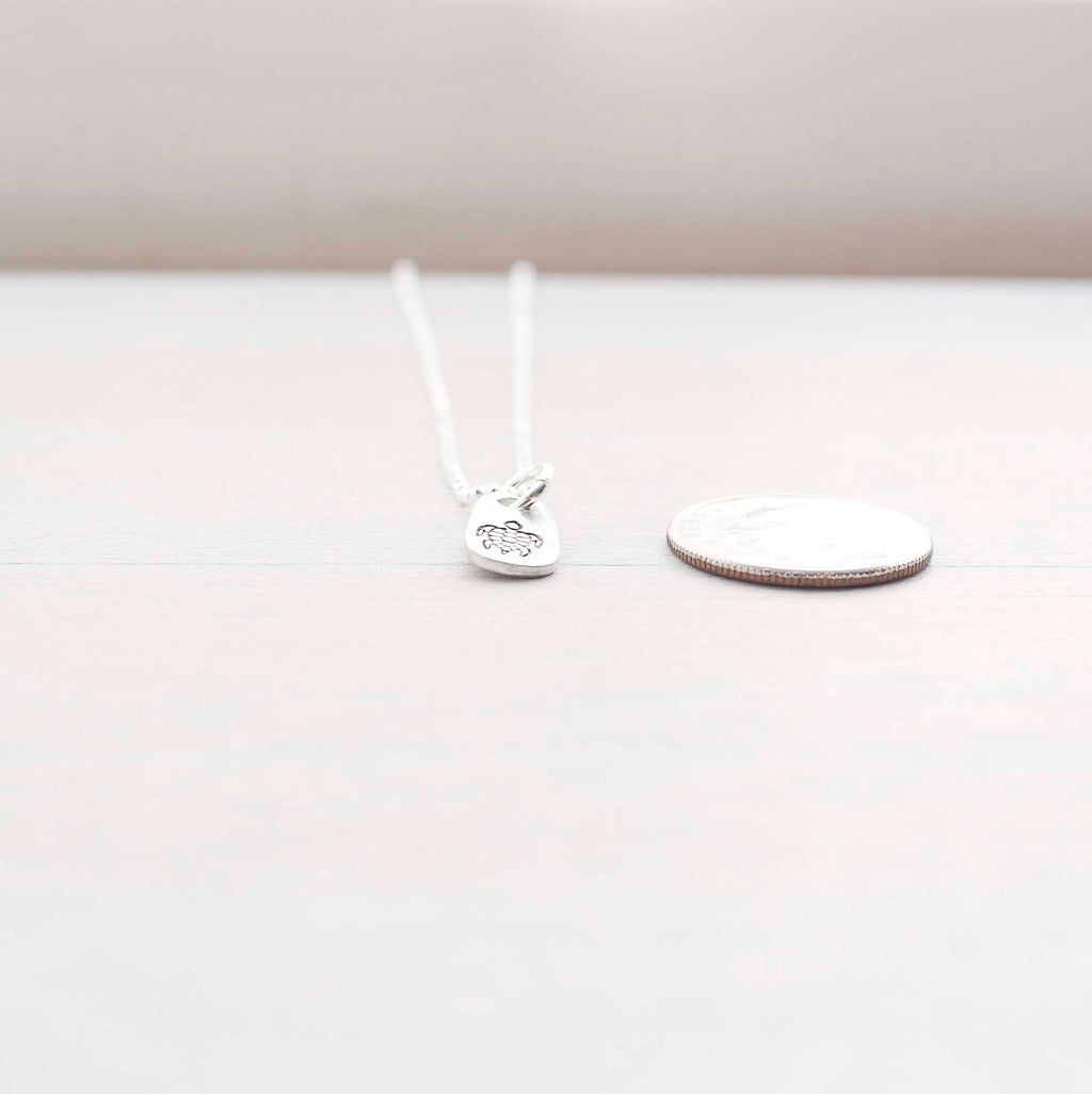 Silver sea turtle necklace in artisan pewter next to a dime