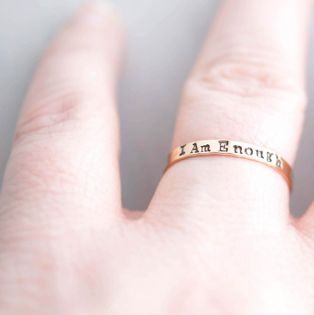 I am Enough ring handstamped in gold-filled on hand