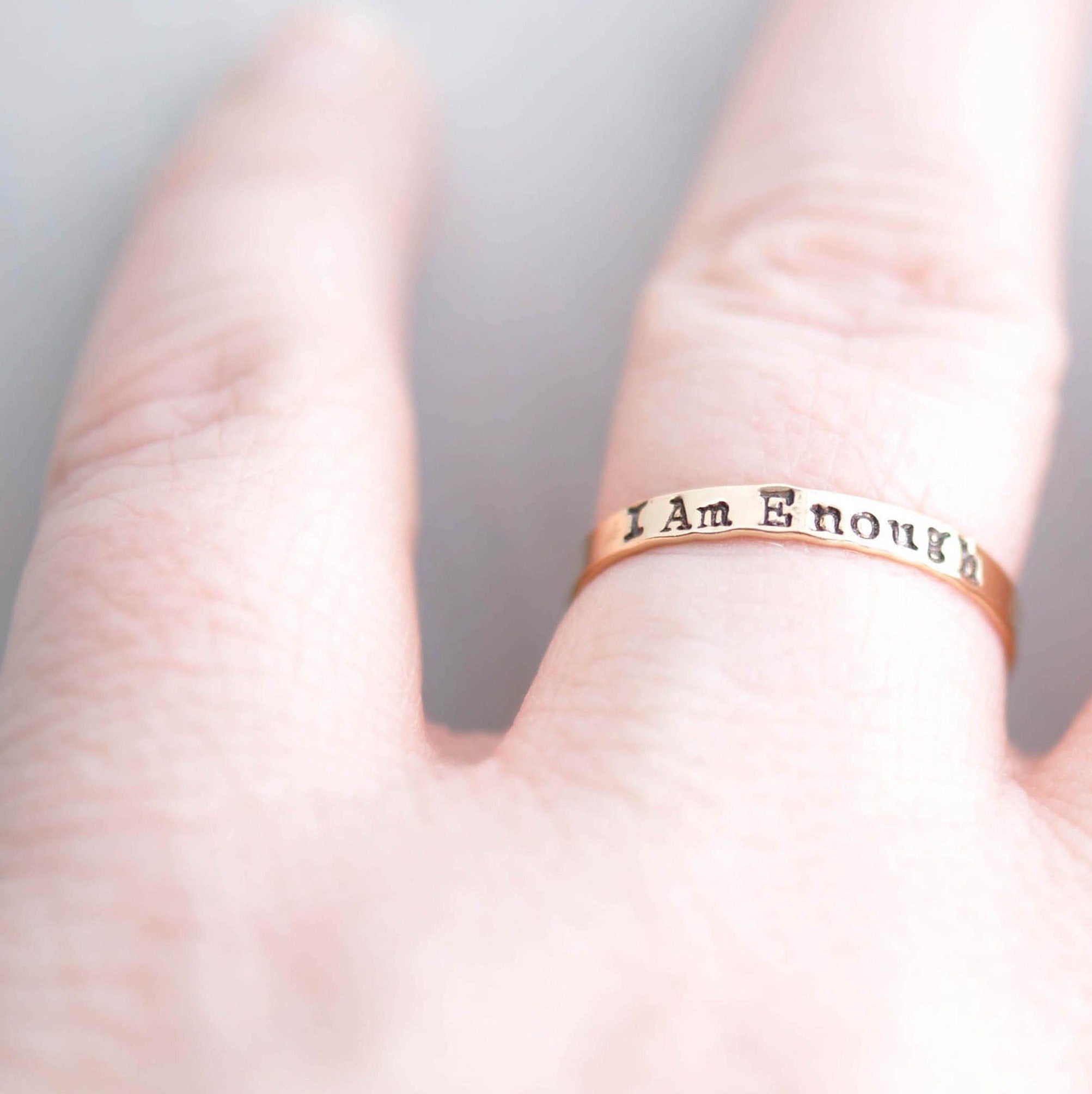 I am Enough ring handstamped in gold-filled on hand