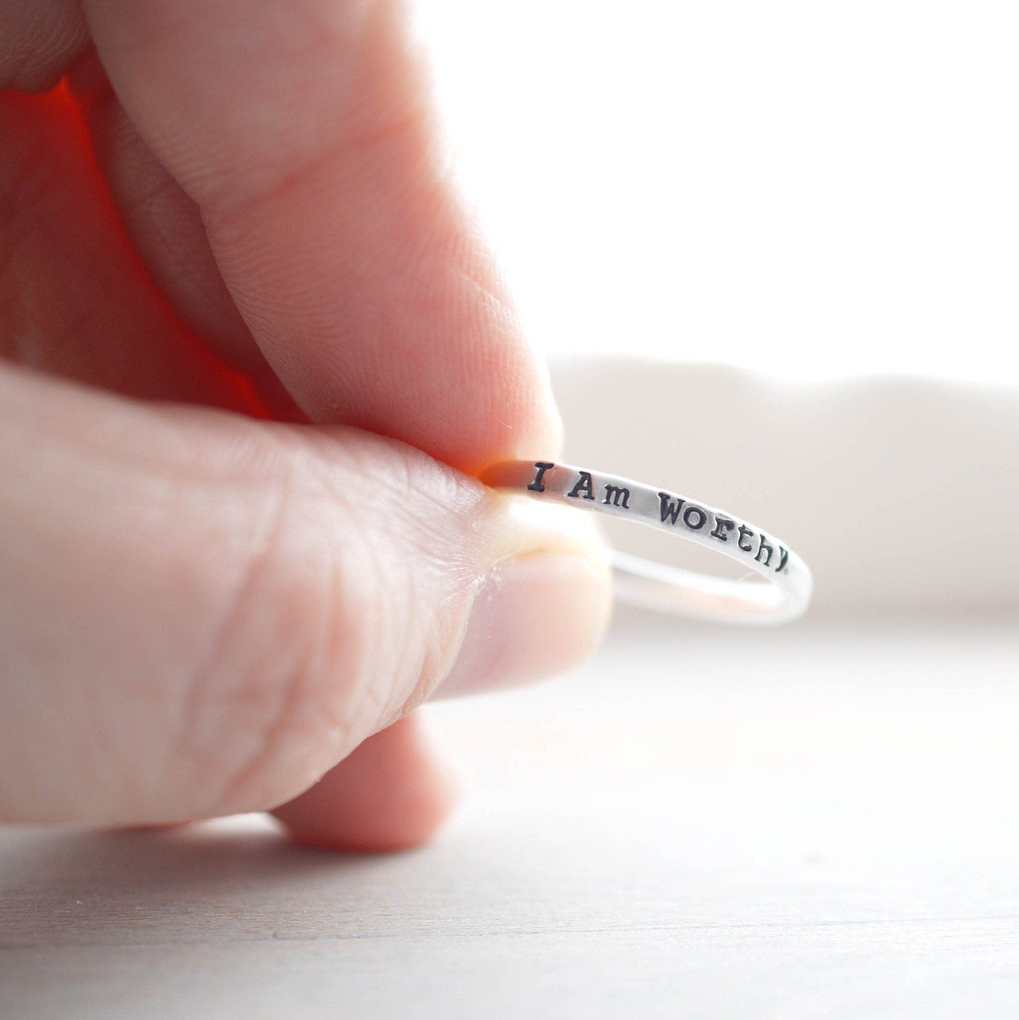 Sterling Silver Ring handstamped with I Am Worthy in between fingers