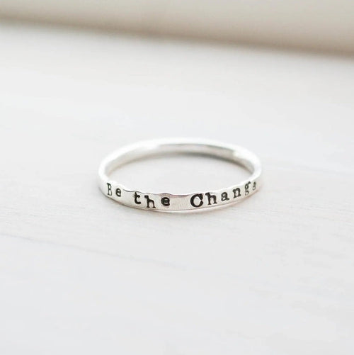 Skinny Stacking Ring handstamped with Be the Change in Sterling Silver